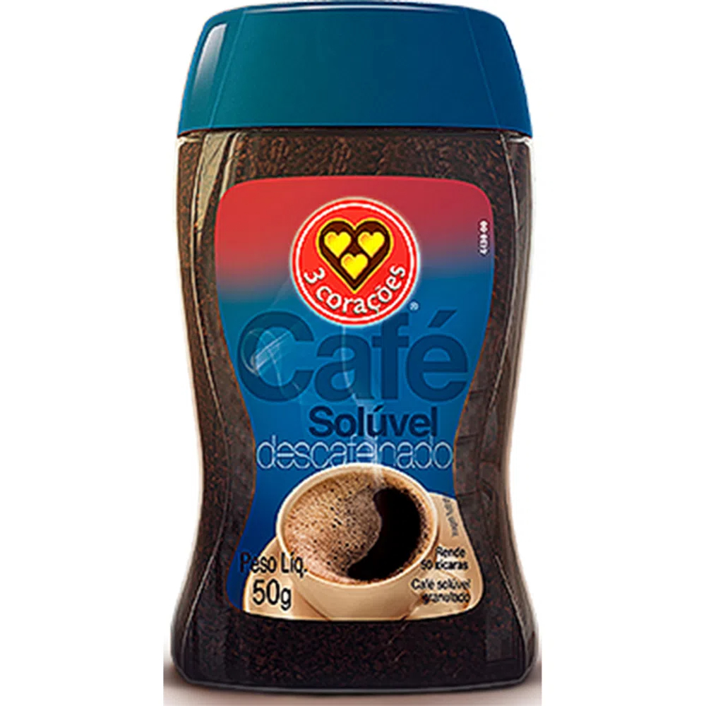 CAFE 3 CORACOES SOLUVEL DESCAFEINADO VIDRO 50G